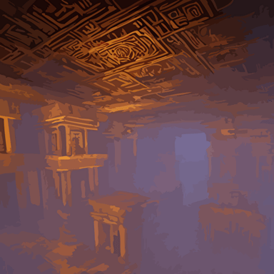 majestic expansive ancient mayan temple halls scrolling 2d platformer game level glittering dust air illuminated dusk sun ceiling cracks fantasy totem ruins intricate mayan glyphs volumetric light detailed carved ornaments rich color upscale 8k
