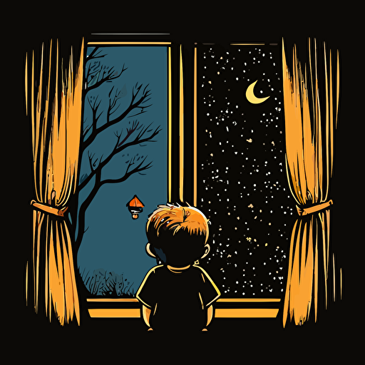 draw a 2D vector scene, cartoon, cute, happy about a boy on his back looking out the window at night, a simple drawing, in color but bordered with a black line, flat drawing and without details.