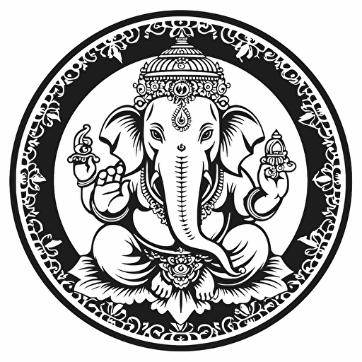 a black and white clipart of ganesh, inscribed ina circle, vector, on white background