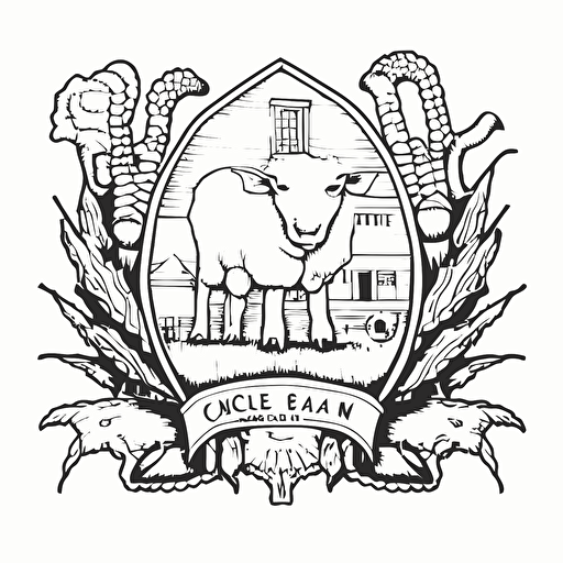 line drawing coat of arms, iowa barn, head of a sheep below sleeve, corn, Vector