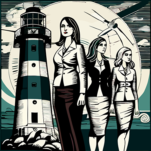 Businesswomen and a lighthouse, detailed vector illustration