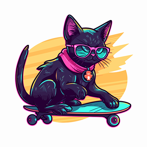 a vector illustration of a black cat riding a longboard skate, sticker design, the cat has cool sunglasses, isolated on white background