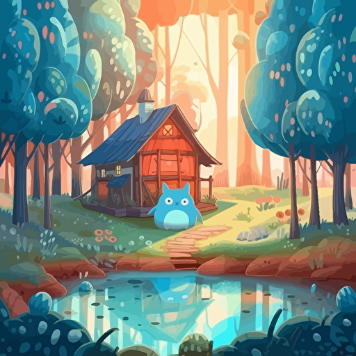 Scene of house in magical forest from My neighbor totoro in the style of Bluey from ABC. Vector based kids show. Pastel colors. Bright and cheery