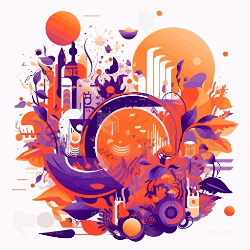 flat modern vector image of the concept of immersion, complemenatry colours, bright orange and purple, high resolution, white background, creative visualization, detailed