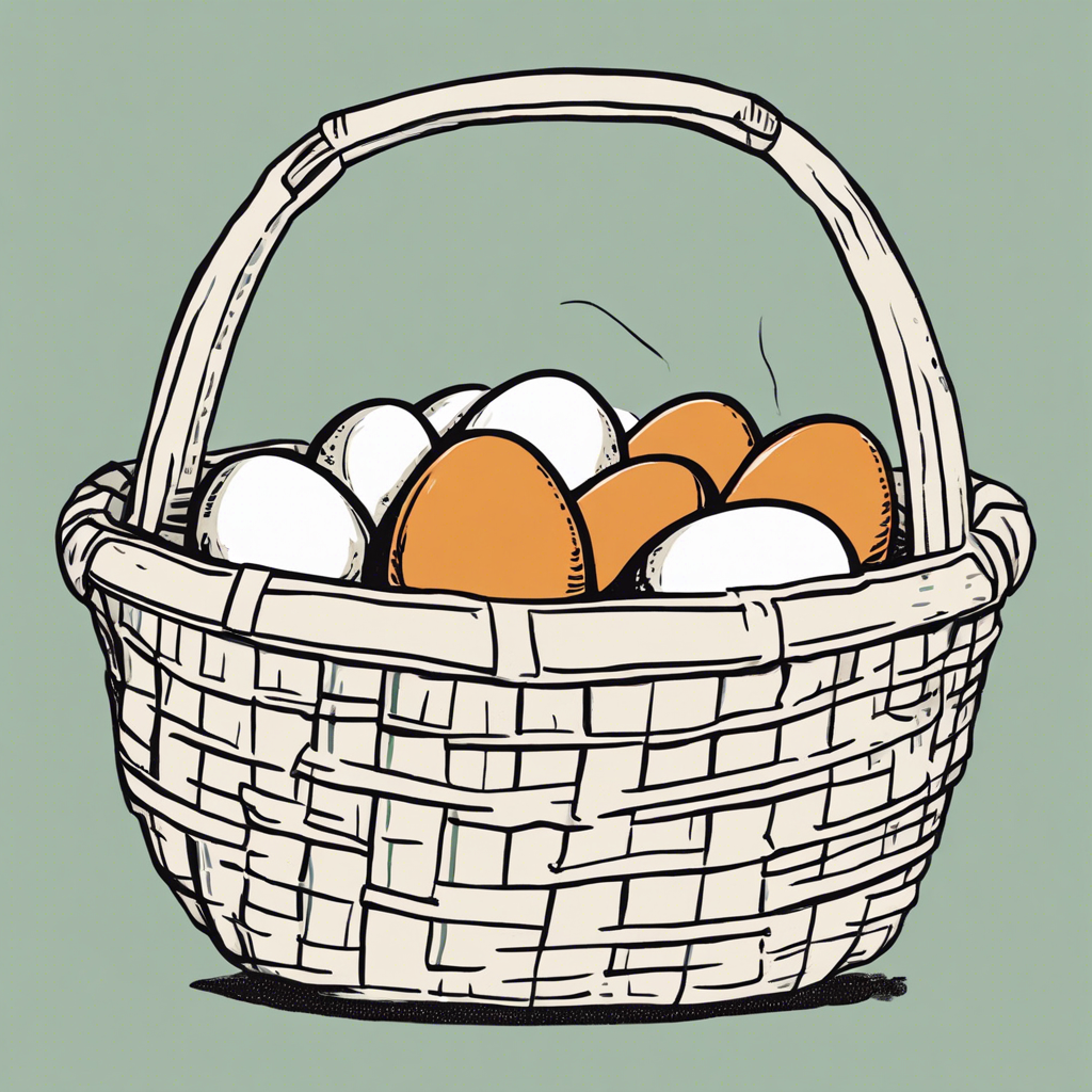 Basket full of fresh farm eggs, illustration in the style of Matt Blease, illustration, flat, simple, vector