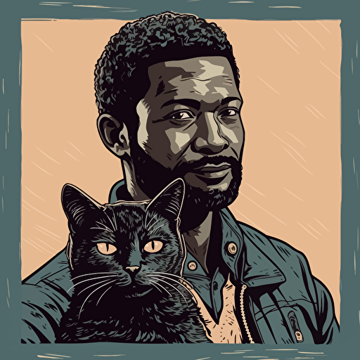 vector art style, 35 year old black man, holding a cat, in the style of Micheal Parks
