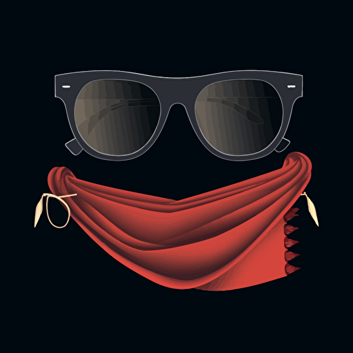 Minimalistic vector logo. Black background, 35mm camera in front of red ray ban sunglasses and a beige scarf.