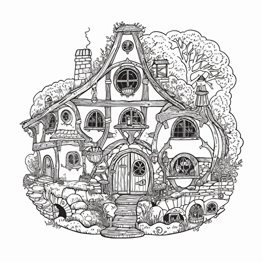 a whimsical medieval hobbit house, in a flat 2d vector style, black and white, no perspective, zentangle