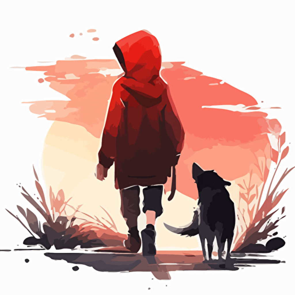 Character illustration from Kyoto Animation Studio, watercolor, 8 year old boy in red hoodie and black dog, walking, sunset, wind, no background, plancard illust, simple vector art.