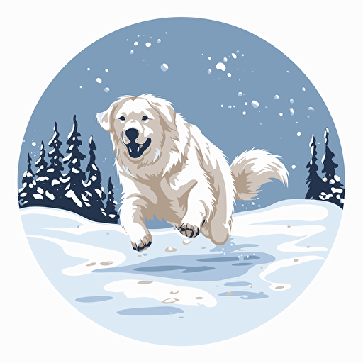 vector illustration of a Great Pyrenees running through the snow, set in a circle, white background