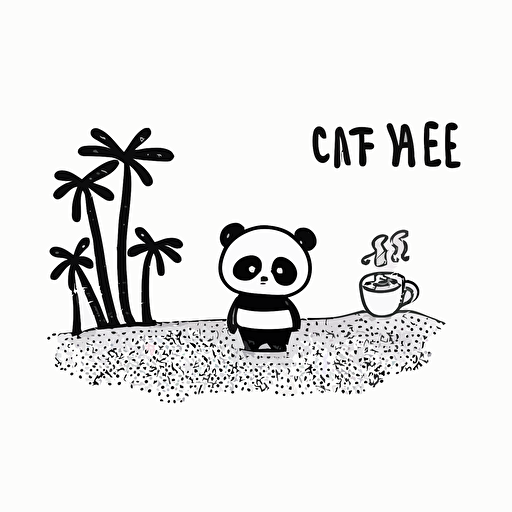 beach with cute panda, fire, coffee shop cute starbucks logo cartoon, minimal, line, NO COLOR, one line, black ink, vector, white background