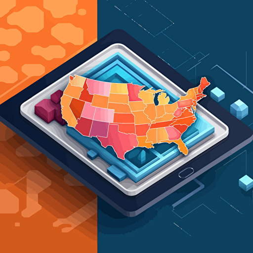 flat vector icon, ruggedized tablet ontop of a map of the united states, blue and orange and white and dark gray, isometric