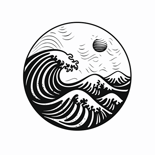 a minimalistic vector of a sun and a wave, in black and white with white background, feminine design