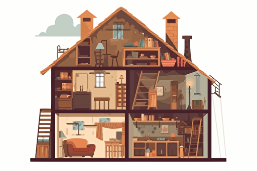 house in the section, there is a basement. There are old things in the attic. simple vector cartoon style, white background,