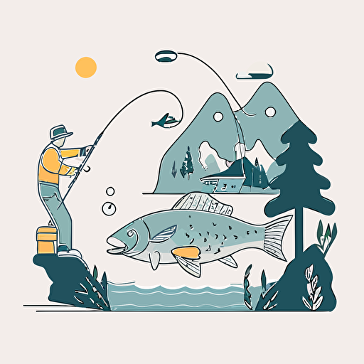 fisherman reeling in fish, lake, simple outline and shapes, flat vector, white background, ar9: 11