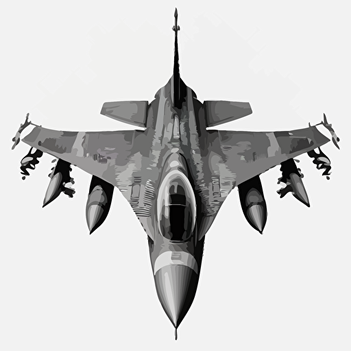 top view of a USAF F16 jet fighter, black and white, not much detail, no texture, no background clipart vector style