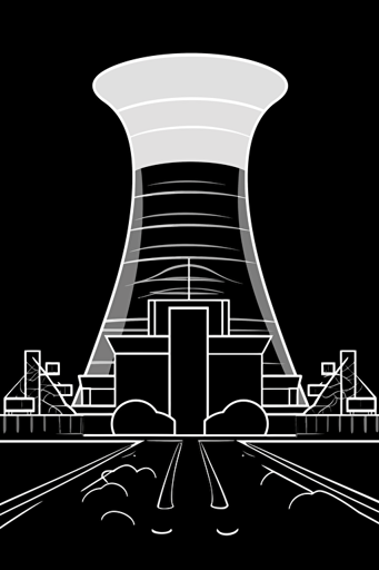 a board game card that is depicting an illustration of a nuclear power plant in a vector line drawn form, black and white.