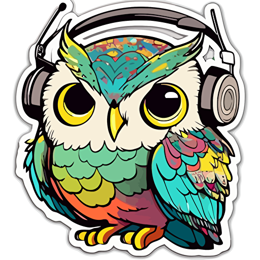 sticker, Happy colorful Owl wearing headphones, kwaii, contour, vector, white background