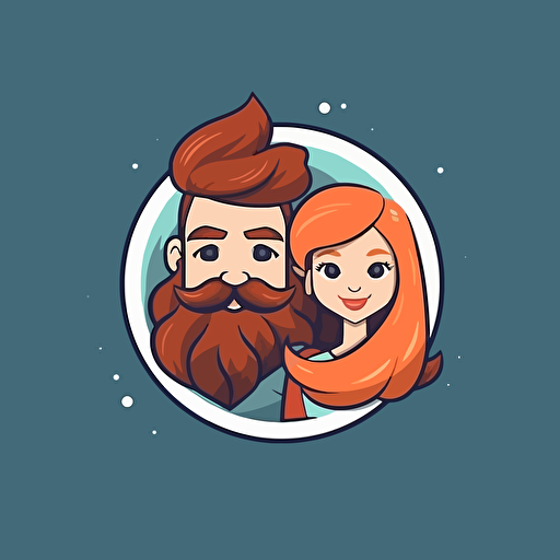 fantasy boy and girl front view, beard, happy, circle, round, simple, simplistic, logo, vector
