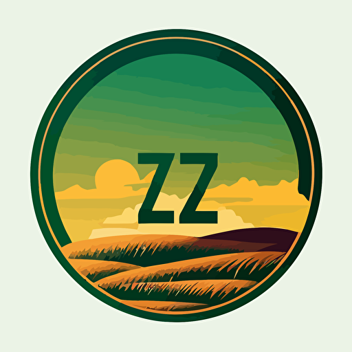 very simple logo for a circle on whose green field there are golden ears arranged in a circumference, and in the center the rising sun and letter lzs, vector flat, PNG, SVG, flat shading, solid background, mascot, logo, vector illustration, masterwork, 2D, simple, illustrator