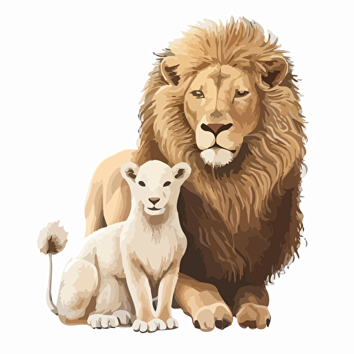 Create a drawing of a detail lion and lamb Flat vector art white background cut out