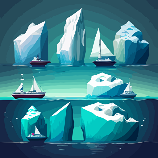 four icebergs in a row of different sizes followed by boat at the right end, in the ocean, vector image