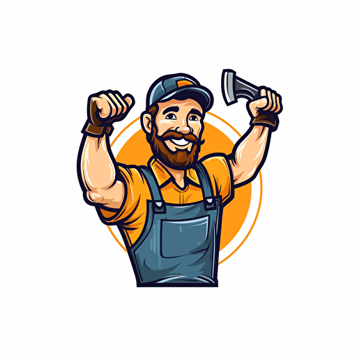 logo, handyman with a raised arm holding a tool, simple, minimalist, vector, cartoon, white background, vibrant style, happy man