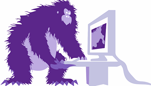 a purple yeti painting a computer, negative space, sparse and simple, white background, vector