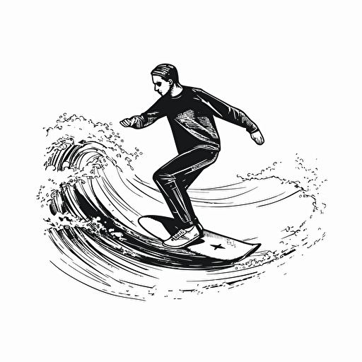 black and white, simple and beautiful, vector art, white background, surfer riding a longboard, hanging 10