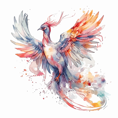 Vector illustration of Ethereal Phoenix, watercolour masterpiece, Ethereal Twilight color scheme, White background, Mystical Encounters