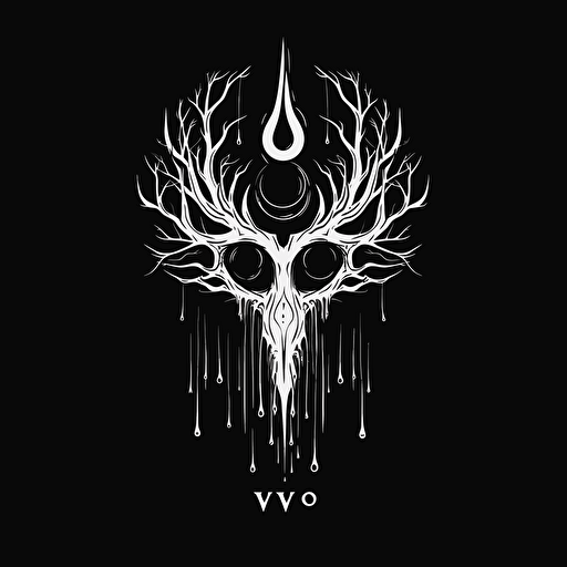 flat vector, occult logo, black and white, black moon, black stylized moon, upside down, goat eye, moon, tree black tears, with the word: volva
