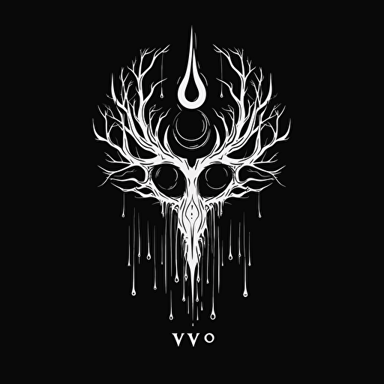 flat vector, occult logo, black and white, black moon, black stylized moon, upside down, goat eye, moon, tree black tears, with the word: volva