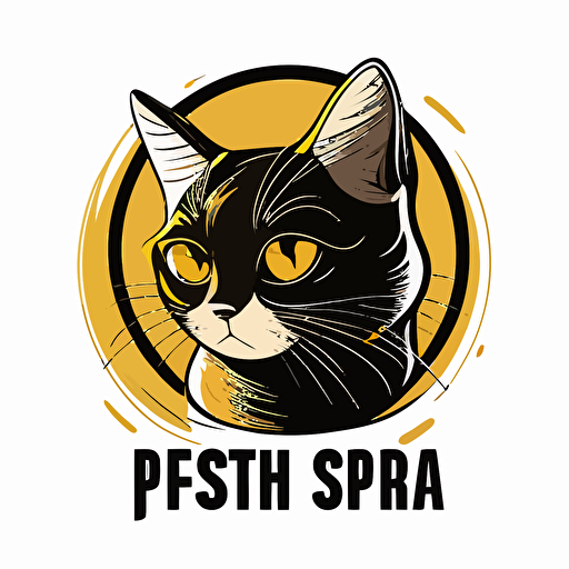 cat pet shop logo, brishtish short hair black golden cat, big round eyes, has a name tag, lovely cute cat, cirble background, vector art style