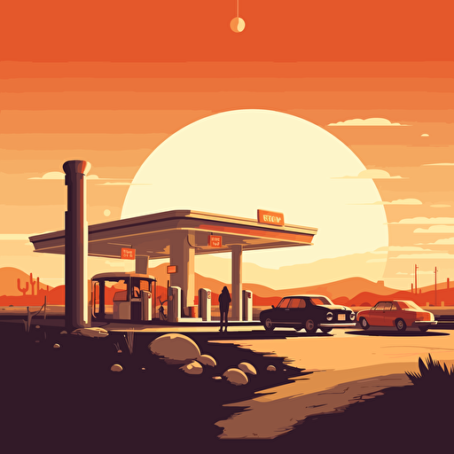 gas station in desert, sunny, silhouette, mondo poster, minimal illustration, vector art, dkng style, 5 retro colours, minimal, not too detailed, hard shapes,