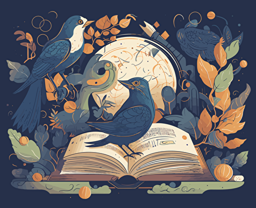 the book store afeebee psd, css, vector, odobe illustrator, png, in the style of free-flowing surrealism, light navy and gold, accurate bird specimens, atmospheric mood, canon af35m, colorful woodcarvings, flat form