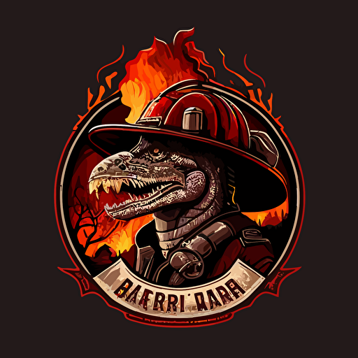 Jurassic park logo, the dinosaur is a fire fighter, vector art, flat, round