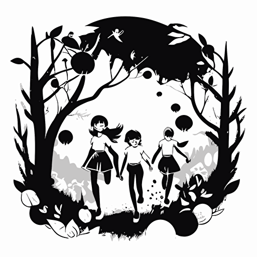 two boys and one girl emerging from the forest. Black and White vector illustration. Cheerful image with magical fruit around
