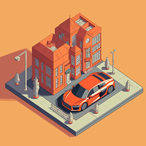 isometric world, Audi R8 Coupe, parked on street in Chicago, in the style of Matthew Skiff illustrations, in the style of Christopher Lee illustrations, in the style of Jonathan Ball illustrations, simple, rough-edged drawing, vector illustration, flat art,