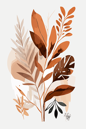 rust orange and beige watercolour abstract botanical illustration, Minimalist, vector, contour