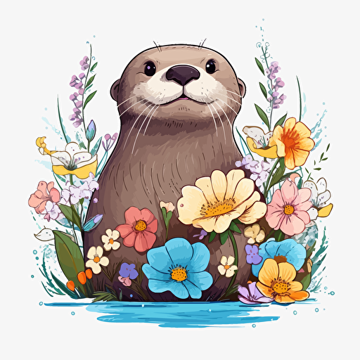 otter, flowers, detailed, cartoon style, 2d clipart vector, creative and imaginative, hd, white background
