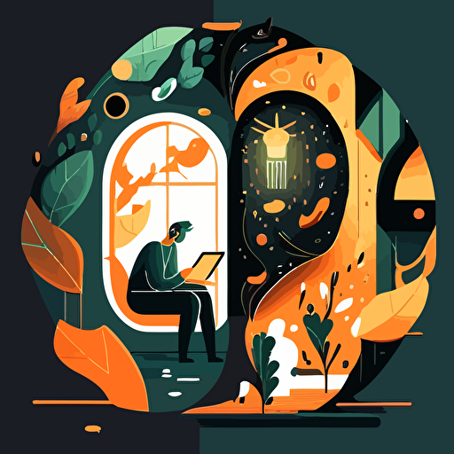 imaginative vector illustration of the psychotherapeutic process using only the colors butterscotch, light orange and midnight green aspect ratio 16:9