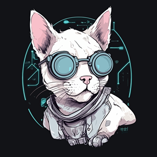 character design, white cat wearing glasses, cyberpunk vector illustration