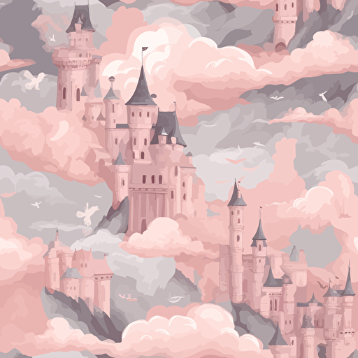 Castle Of Princess Fantasy Flying Palace In Pink Magic Clouds Fairytale Royal Medieval Heaven Palace Cartoon Vector Illustration pink gray white