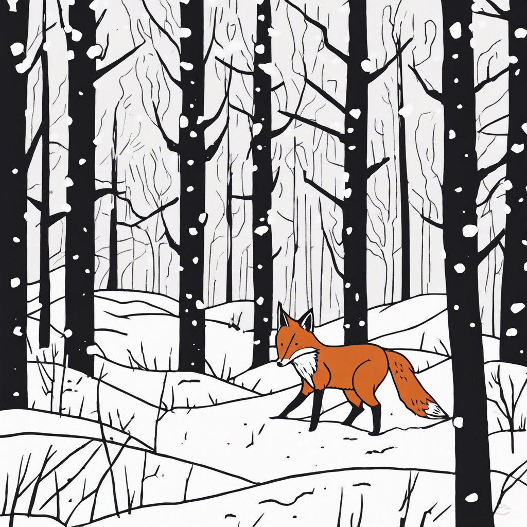 A fox sneaking through a snowy forest.