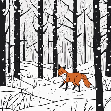 A fox sneaking through a snowy forest.