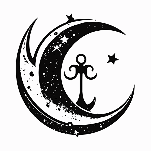 vector logo of an anchor that loosely resembles a crescent moon and star in a simple, solid black and white stye. The anchor should be slightly tilted and the star should be connected to the crescent moon