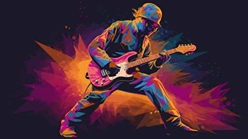 vector illustration of a guitar player dancing around in vivid colors