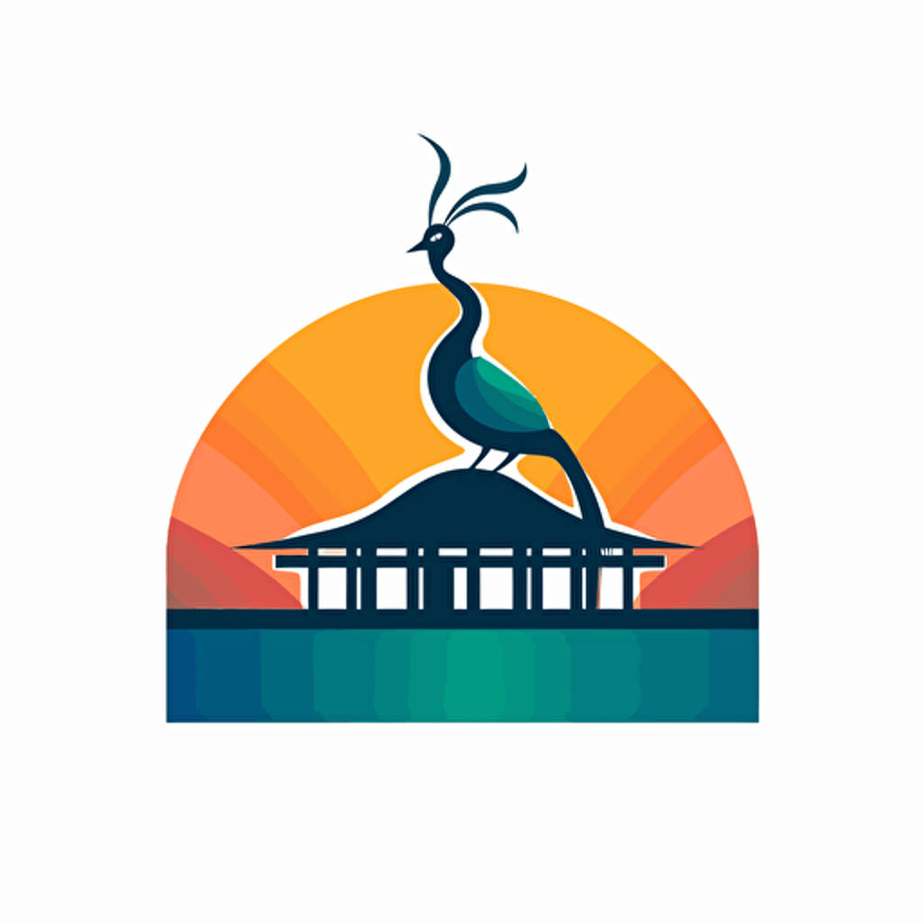 Beautiful minimalist abstract vector simple logo, low detail, luxury cabanas, cabanas are close to the top of a hill, the hill is next to a lake, there is a peacock in the roof of the cabana