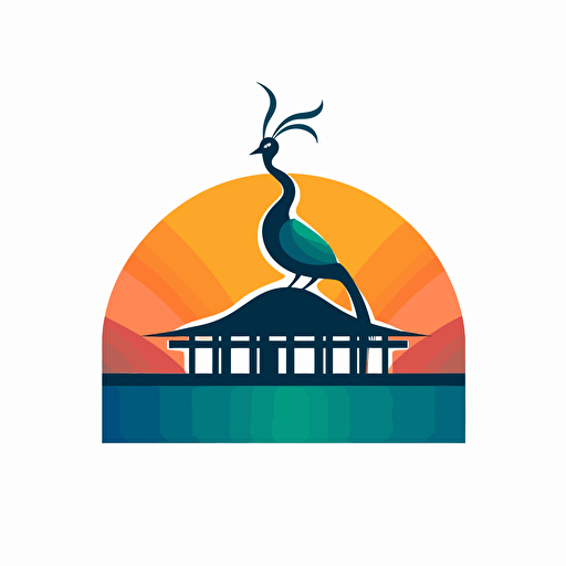 Beautiful minimalist abstract vector simple logo, low detail, luxury cabanas, cabanas are close to the top of a hill, the hill is next to a lake, there is a peacock in the roof of the cabana