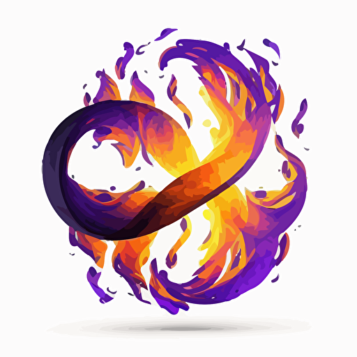 craft an sleek and minimalist, logo, infinity symbol on fire, white background, purple, vector, no shadows